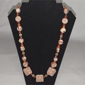 Handcrafted Clay Bead Necklace Terra Cotta Earth Tones Brown Beige Boho Tribal